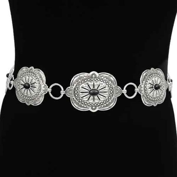 METAL LINK OVAL CONCHO ENGRAVED STONE WESTERN CHAIN BELT