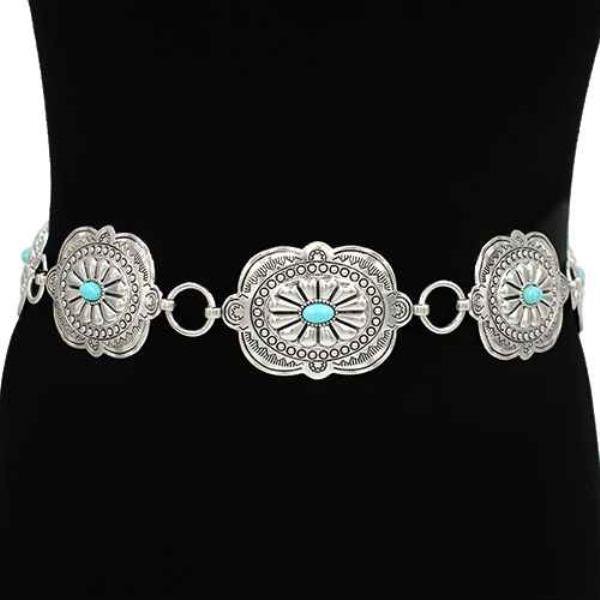 METAL LINK OVAL CONCHO ENGRAVED STONE WESTERN CHAIN BELT