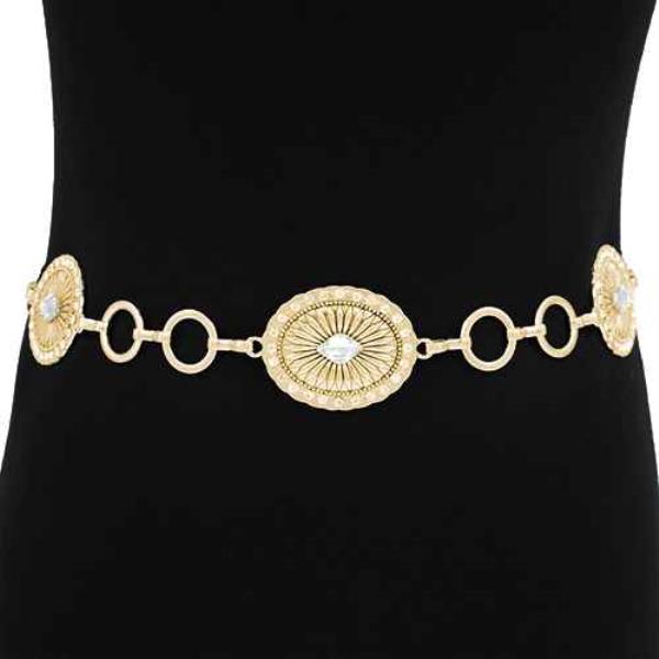 WESTERN METAL ENGRAVED OVAL CONCHO CHAIN BELT WITH GEMSTONE