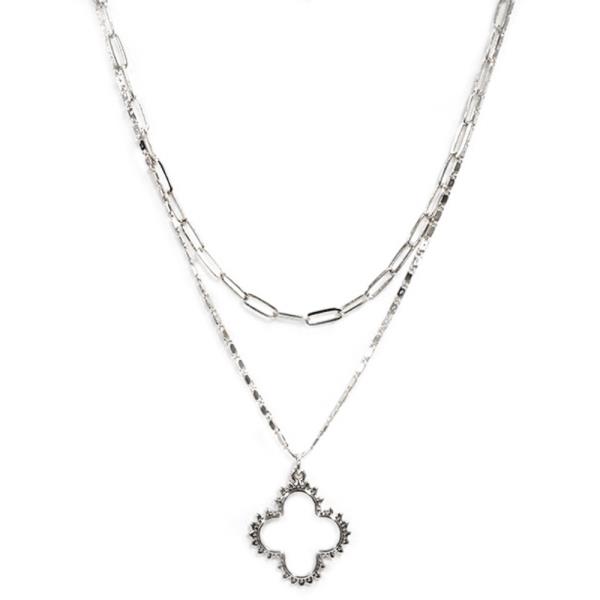 CLOVER CHARM OVAL LINK METAL LAYERED NECKLACE