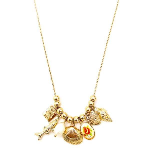 METAL PEARL SHELL CERAMIC ROSE FISH HEART ENGRAVED CHARM TEXTURED EMBELLISHED BEADED PENDANT NECKLACE