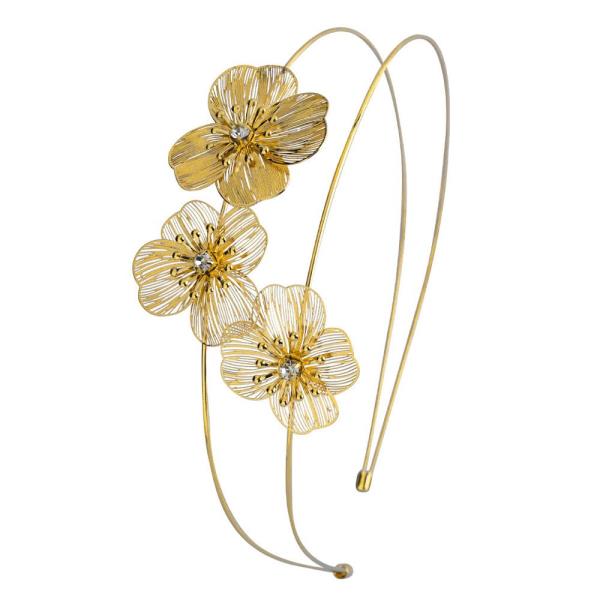 METAL CRYSTAL THREE FLOWER DANGLE HOOK HEADBAND FLORAL DOUBLE BAND