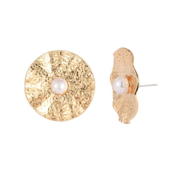 METAL TEXTURED SURFACE PEARL ROUND-SHAPED STUD EARRINGS