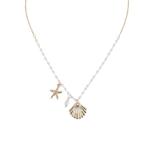 METAL CHAIN STARFISH SHELL PEARL BEAD PENDANT NECKLACE