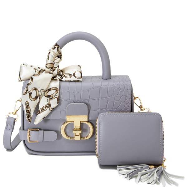2IN1 CROC TEXTURED SMOOTH SCARF HANDLE SATCHEL W WALLET SET