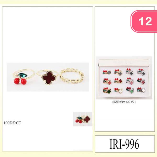 METAL RHINESTONE CHERRY CLOVER STACKABLE RING SET (12 UNITS)