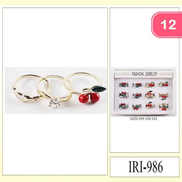 METAL RHINESTONE CHERRY STACKABLE RING SET (12 UNITS)