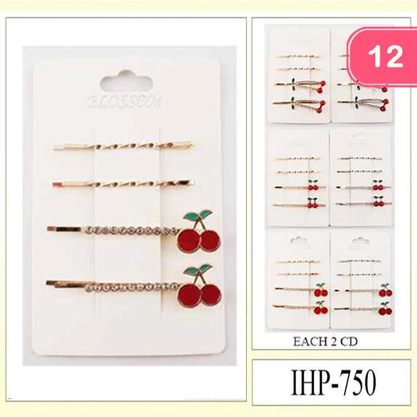METAL CHERRY RHINESTONE TEXTURED LINE HAIRPIN SET (12 UNITS)