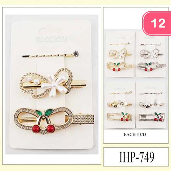 METAL PEARL CHERRY BOW RHINESTONE HAIRPIN SET (12 UNITS)