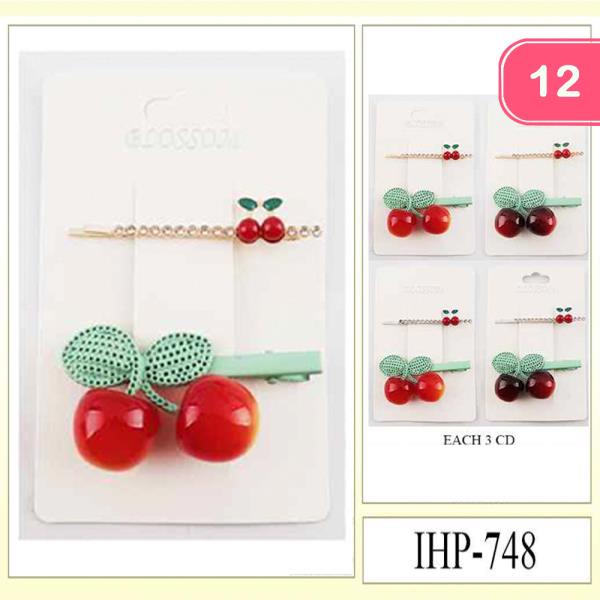 METAL PLASTIC CHERRY BOW BEADS HAIRPIN SET (12 UNITS)