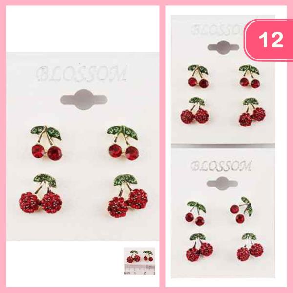 METAL CHERRY STUD EARRINGS SET (12 UNITS)