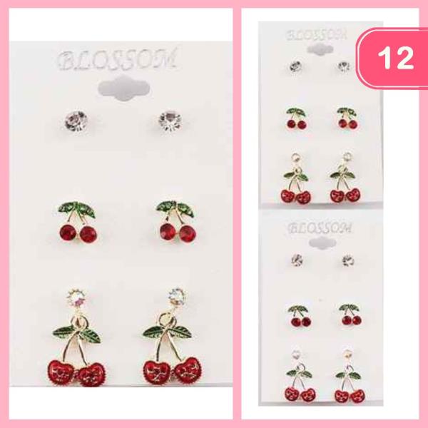 METAL CHERRY STUD AND DANGLE EARRINGS SET (12 UNITS)