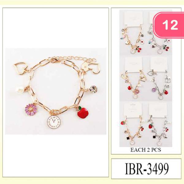 METAL PEARL RHINESTONE ENAMEL HEART CLOCK FLOWER APPLE CHARM LINK DANGLE BRACELET (12 UNITS)