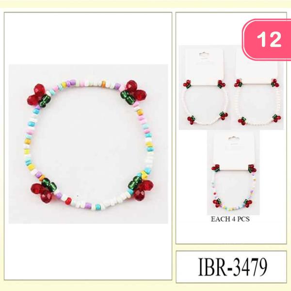 BEADED CHERRY FRUIT TEXTURED DANGLE BRACELET (12 UNITS)