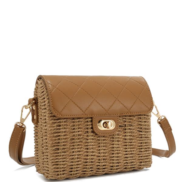 QUILTED STRAW TWIST CROSSBODY BAG