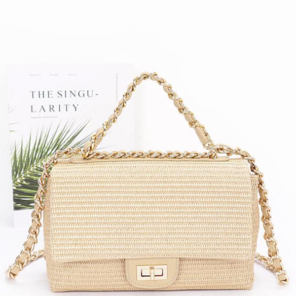 FAUX STRAW FLAP BAG