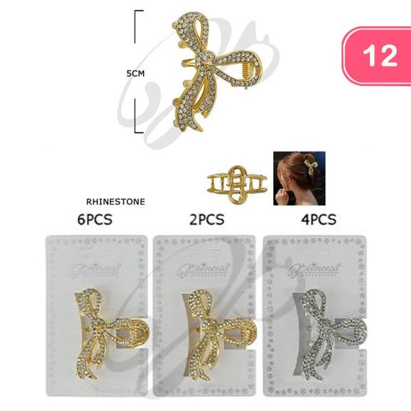 RHINESTONE RIBBON BOW METAL HAIR CLAW CLIP (12 UNITS)