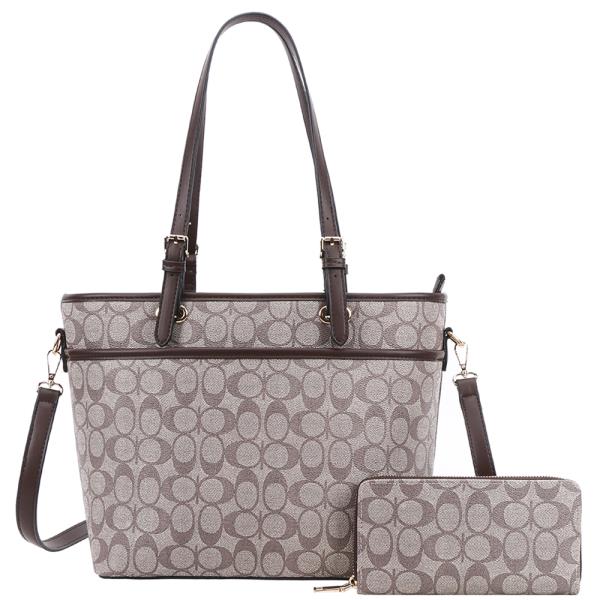 2IN1 OVAL PRINT SHOULDER TOTE BAG W WALLET SET