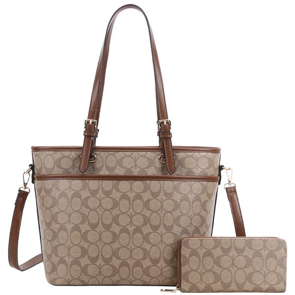 2IN1 OVAL PRINT SHOULDER TOTE BAG W WALLET SET