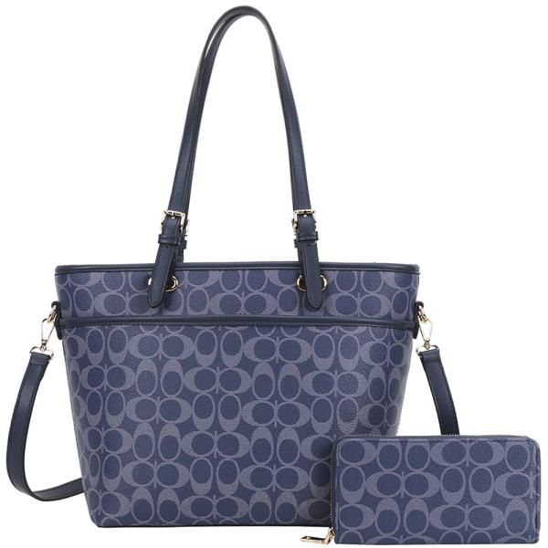 2IN1 OVAL PRINT SHOULDER TOTE BAG W WALLET SET