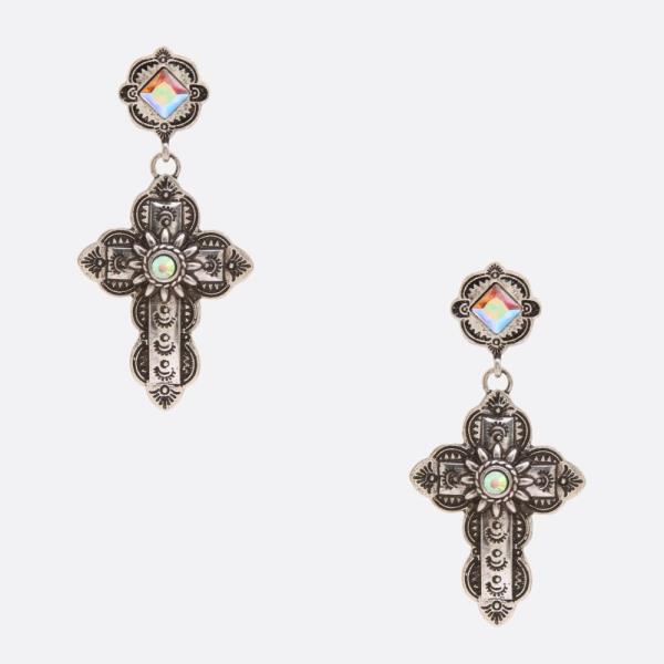 WESTERN STYLE CROSS GLASSSTONE DANGLE EARRING