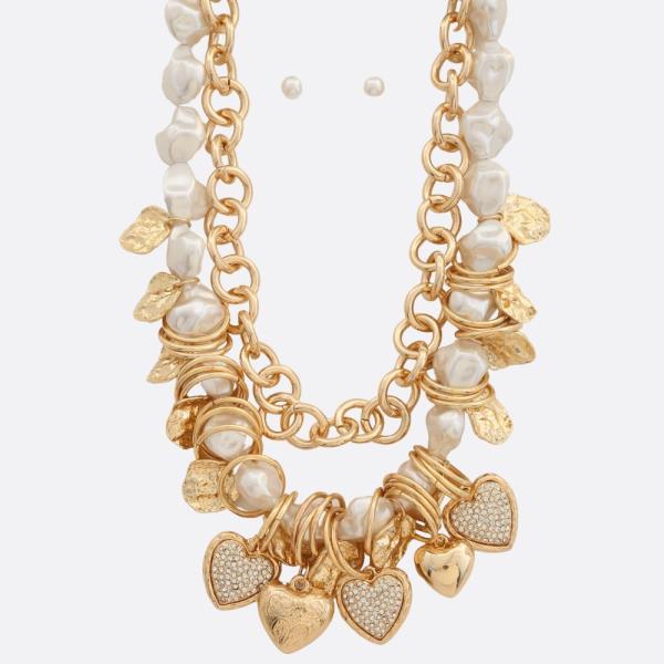 HEART CHARM PEARL BEAD LAYERED NECKLACE