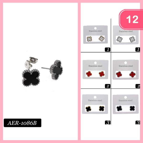CLOVER STAINLESS STEEL STUD EARRINGS (12 UNITS)