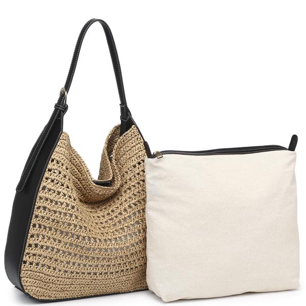 2IN1 STRAW DESIGN SHOULDER HOBO W POUCH SET