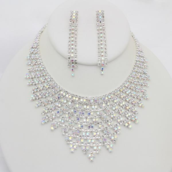 RHINESTONE MULTIROW CASCADING STATEMENT NECKLACE EARRING SET