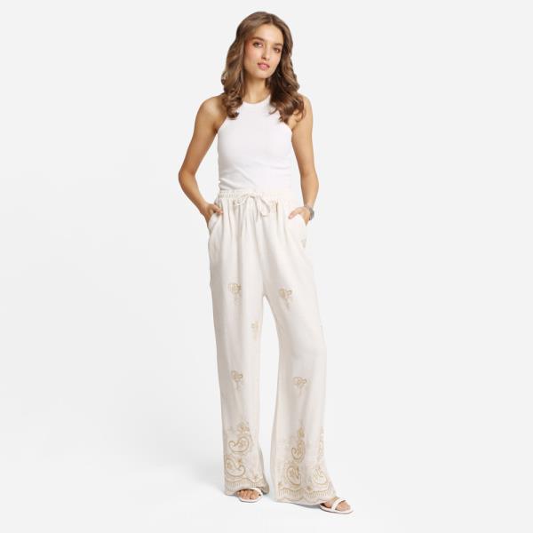 PAISLEY EMBROIDERED WIDE LEG PANTS
