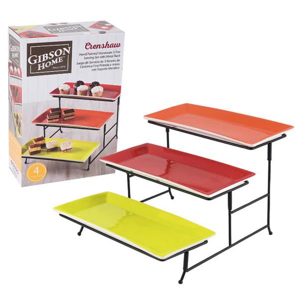 GIBSON HOME SERVING 4PC 3TIER DISH WITH METAL RACK SET