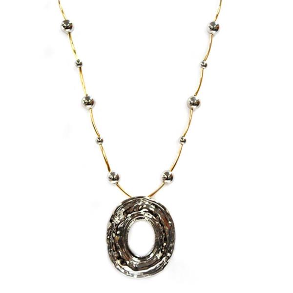 TWO TONE OVAL PENDANT BALL BEAD STATION NECKLACE