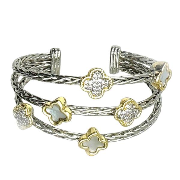 TWO TONE CLOVER CRYSTAL CUFF BRACELET