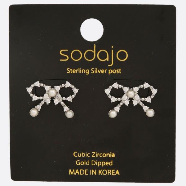 SODAJO RIBBON BOW CZ GOLD DIPPED STERLING SILVER POST EARRING