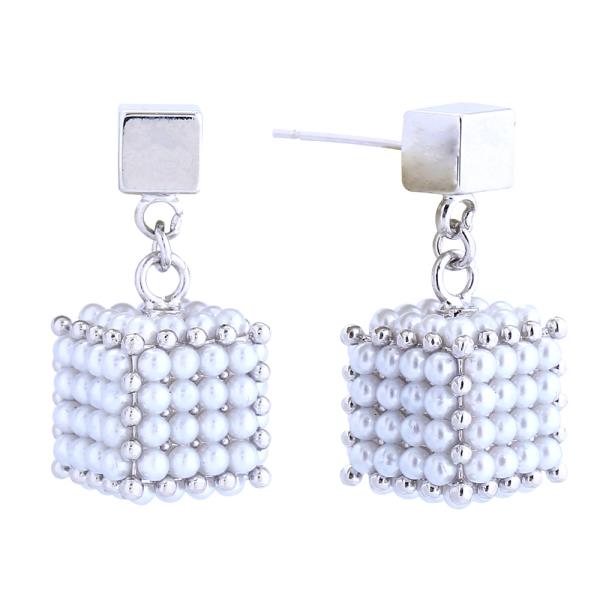 14K GOLD/WHITE GOLD DIPPED CUBE PEARL DROP EARRINGS