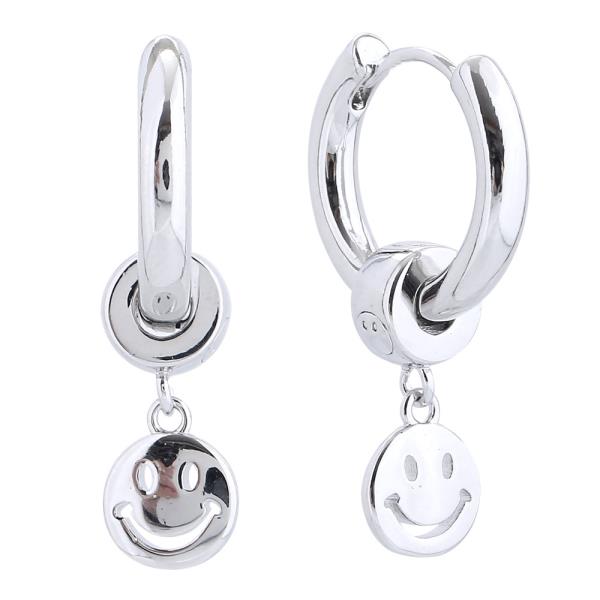 14K GOLD/WHITE GOLD DIPPED SMILEY CHARM HOOP EARRINGS