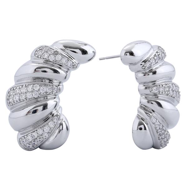 14K GOLD/WHITE GOLD DIPPED SWIRL PAVE HOOP EARRINGS