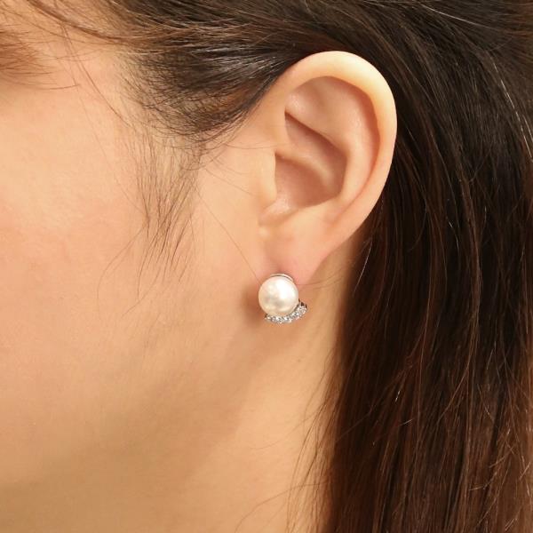 14K GOLD/WHITE GOLD DIPPED PEARL CRESCENT SPARKLE CZ EARRINGS
