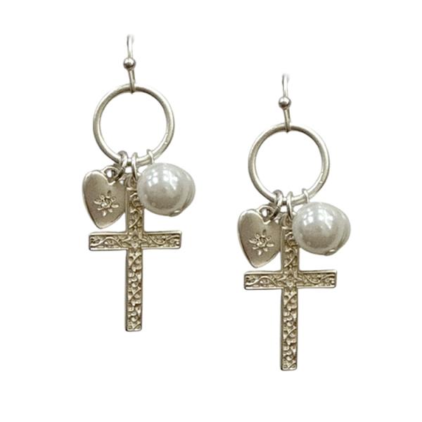 CROSS HEART CHARM PEARL BEAD DANGLE EARRING