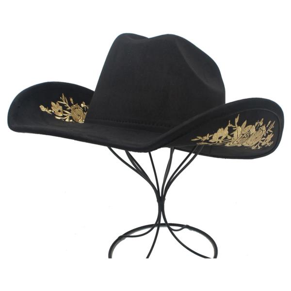 ROSE EMBROIDERED FAUX SUEDE COWBOY HAT