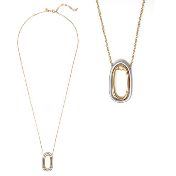 TWO TONE DOUBLE LAYER OVAL PENDANT LONG NECKLACE