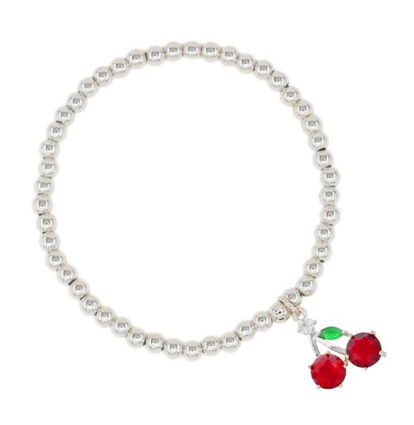 CZ CHERRY CHARM STAINLESS STEEL BALL BEAD BRACELET
