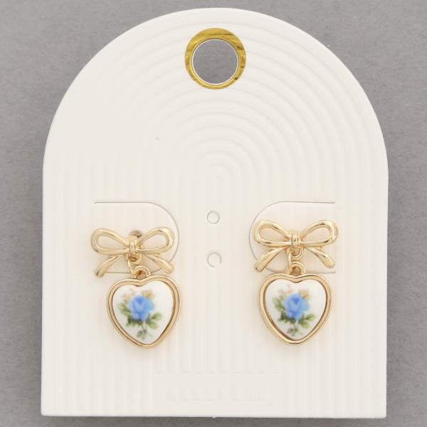 HEART CERAMIC FLORAL PATTERN RIBBON BOW DANGLE EARRING