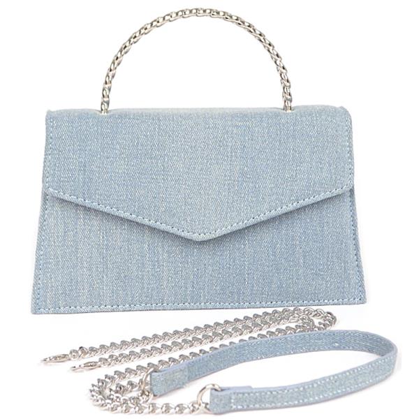 DENIM METAL HANDLE FLAP CLUTCH