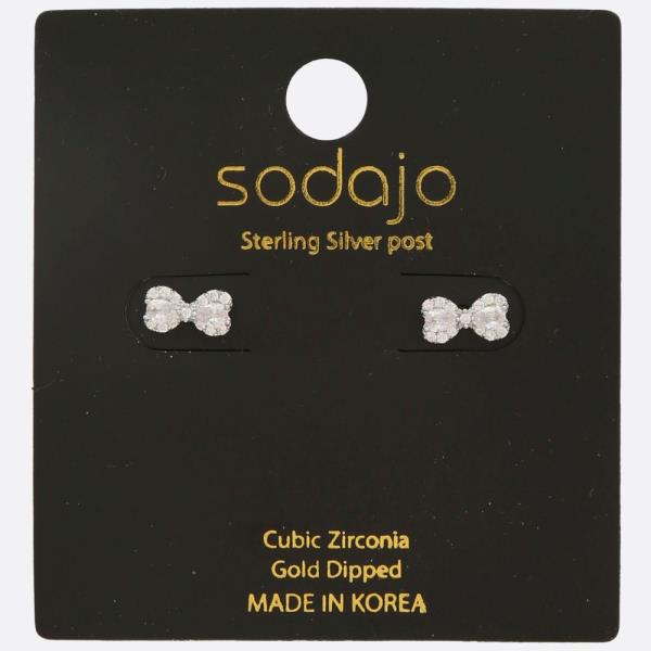 SODAJO DAINTY BOW CZ GOLD DIPPED STERLING SILVER POST EARRING