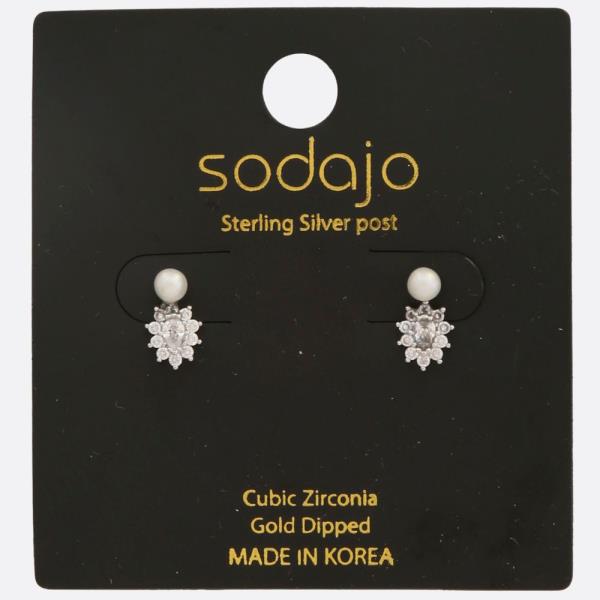 SODAJO PEARL BEAD FLOWER CZ GOLD DIPPED STERLING SILVER POST EARRING
