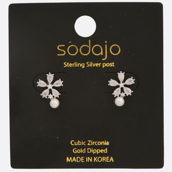 SODAJO PEARL BEAD FLOWER CZ GOLD DIPPED STERLING SILVER POST EARRING