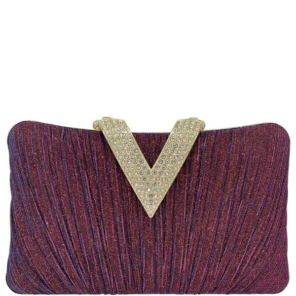 RHINESTONE V PLEATED EVENING CLUTCH BAG