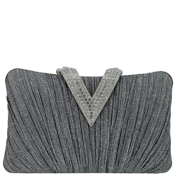 RHINESTONE V PLEATED EVENING CLUTCH BAG