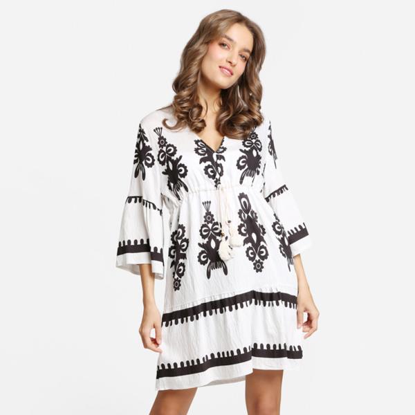 BOHO PRINT DRAWSTRING MINI DRESS